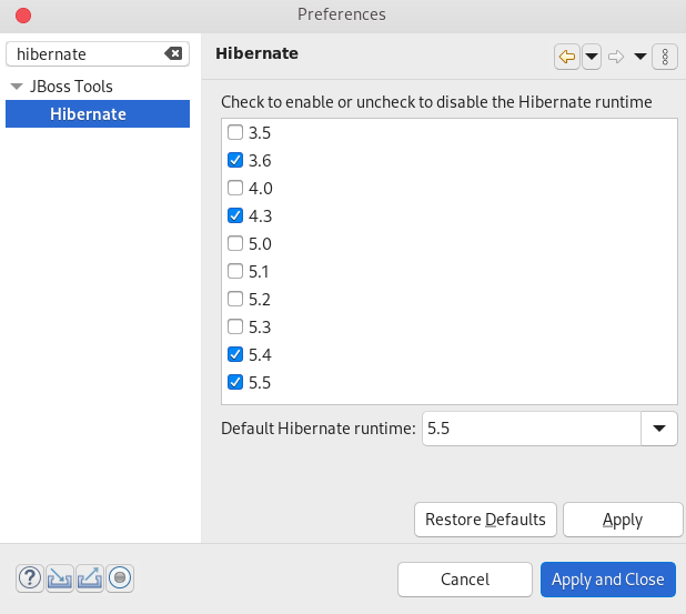 crs hibernate preferences page