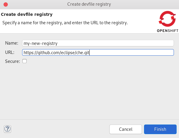 crs create devfile registry window