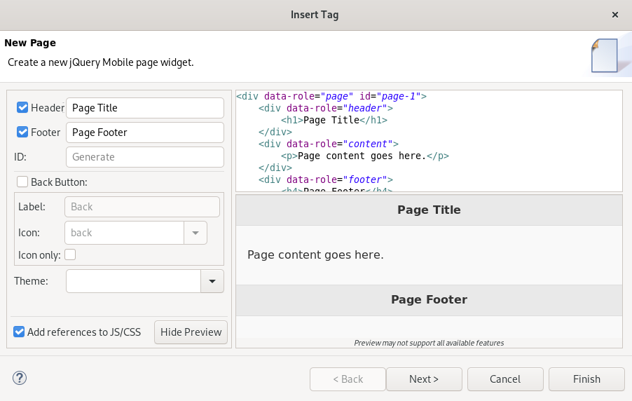 crs creating a page with palette