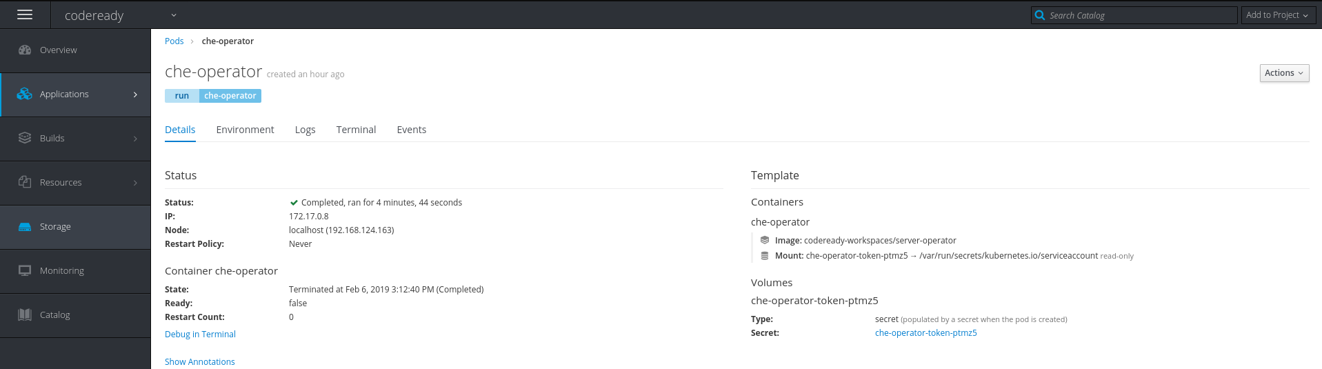 Pod for CodeReady shown running