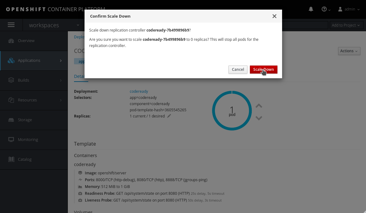 Scale down the *codeready* deployment