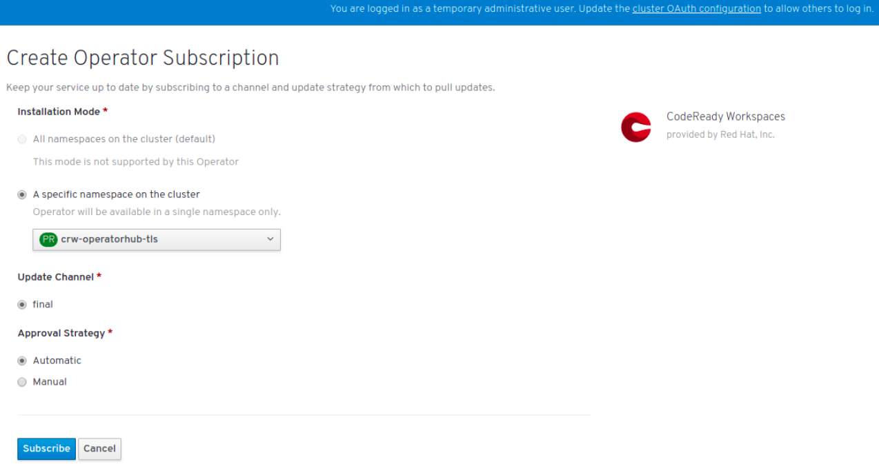 Selections in the Create Operator Subscription window