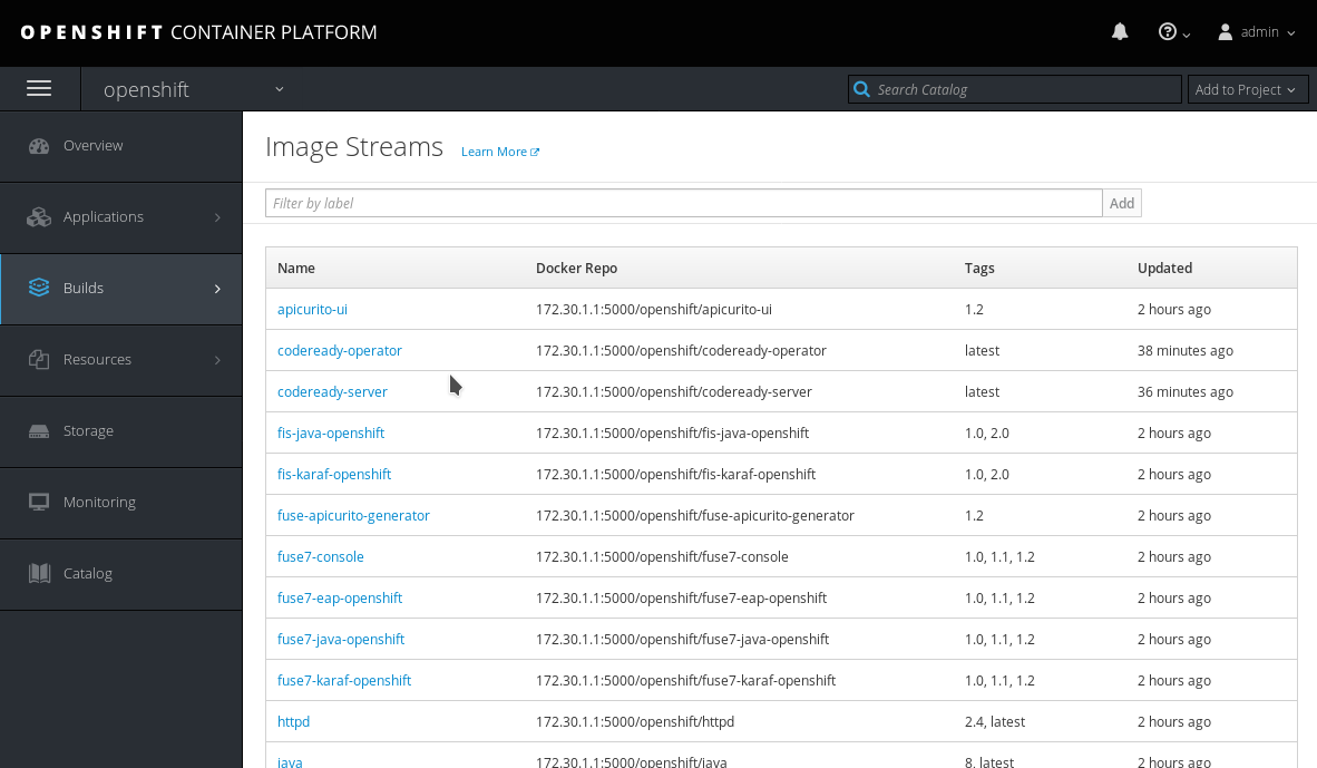 codeready image streams in the OpenShift registry