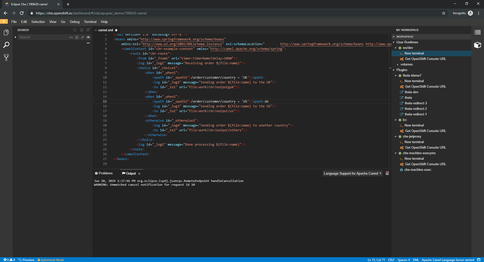 viewing camel logs in the output panel