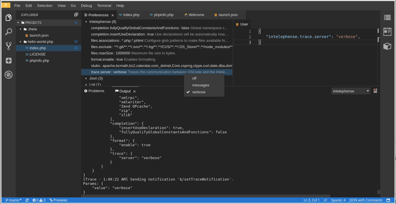 viewing intelephense events in the output panel