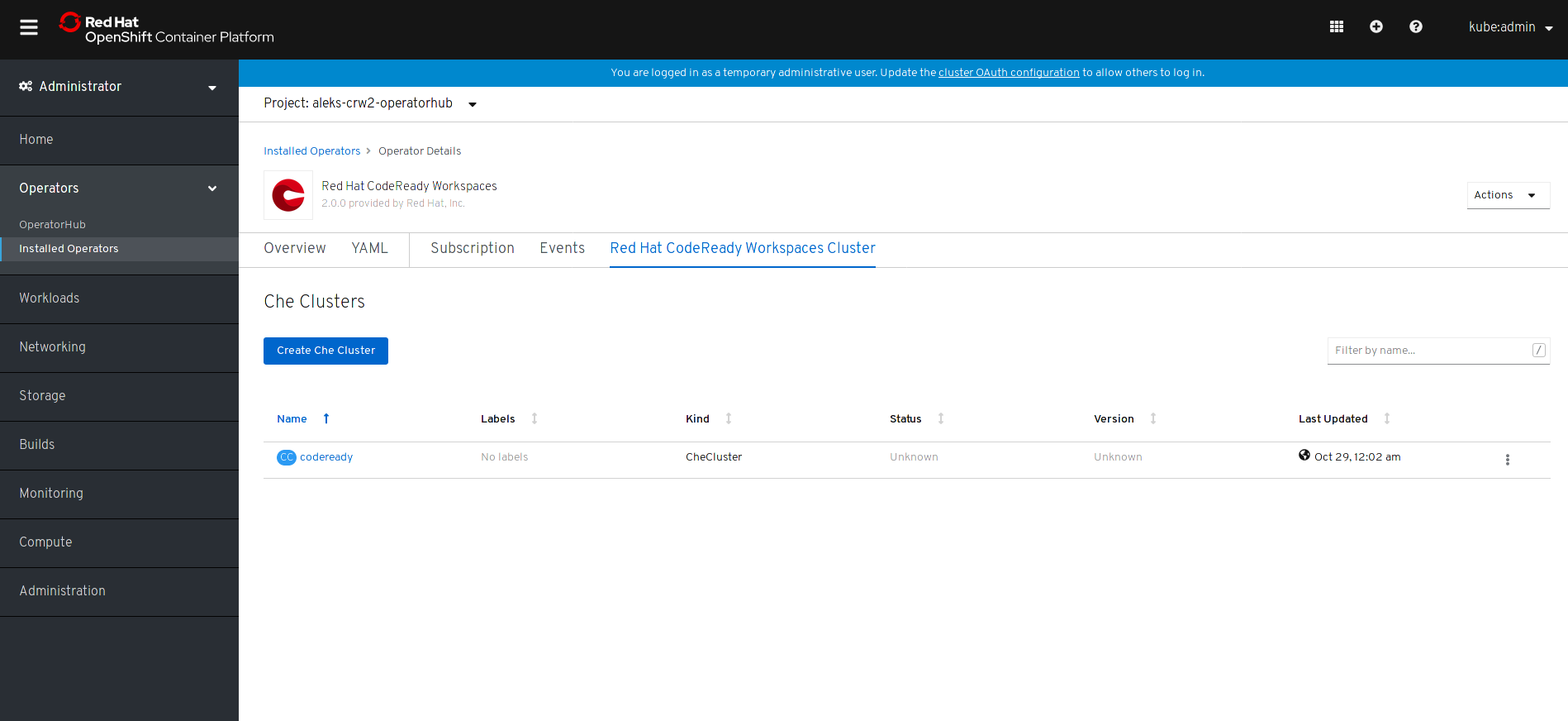 eclipse che cluster create che cluster