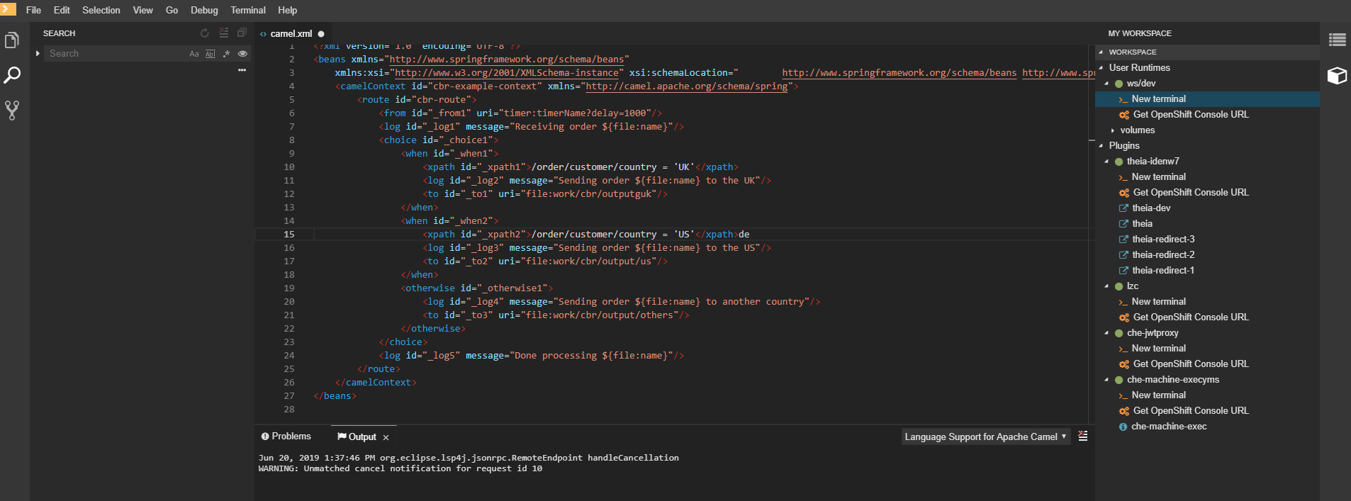 viewing camel logs in the output panel