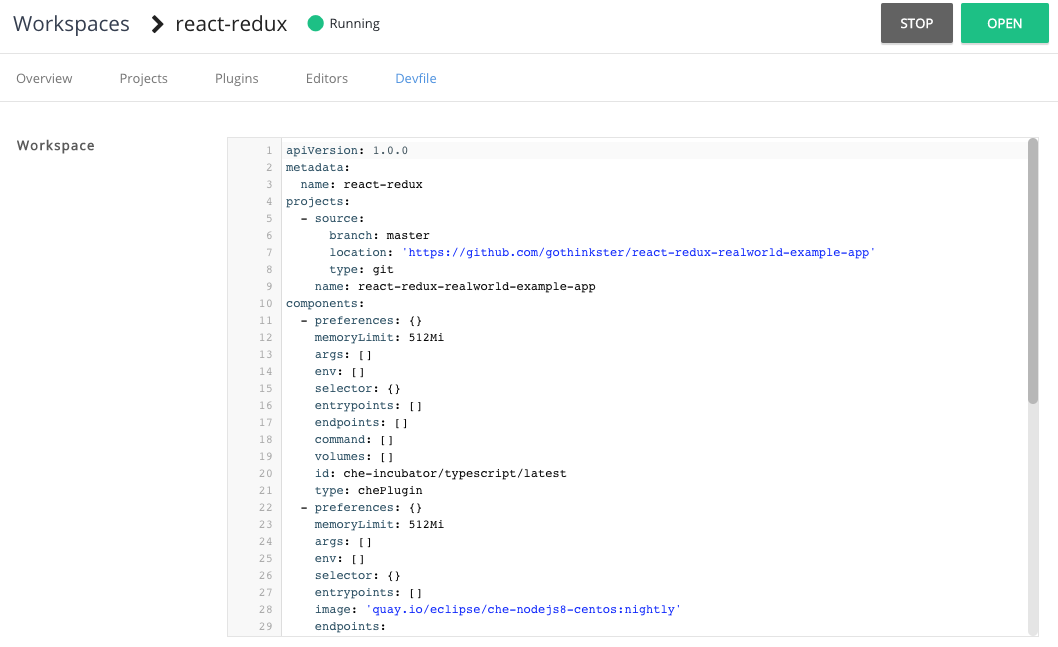 configure workspace devfile