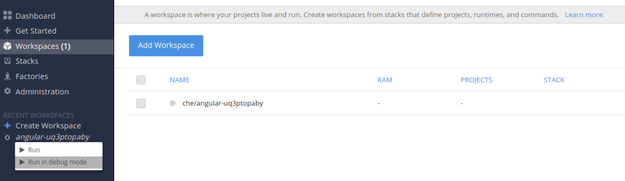 run workspace in debug mode