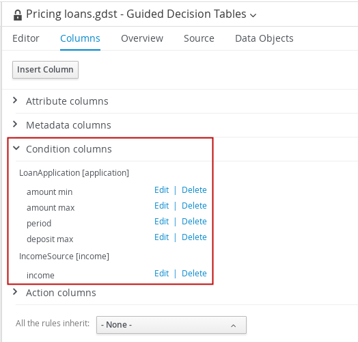 Edit or delete columns in the guided decision tables designer.