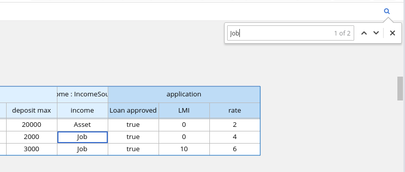 Search guided decision table contents