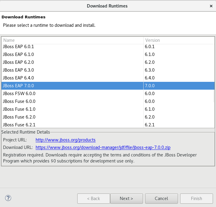 Download Runtimes Window Listing Available JBoss EAP Versions