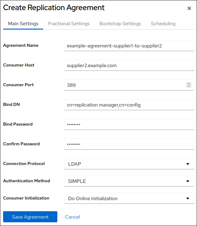 create replication agreement multi supplier 1