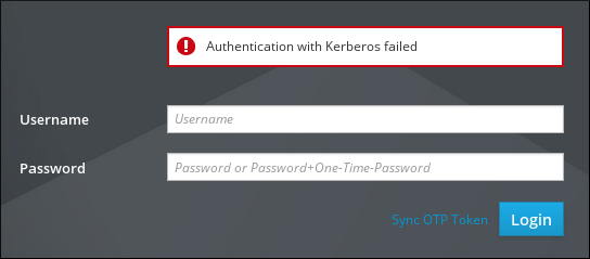 IdM Web UI 登录屏幕截图，在空 Username 和 Password 字段上方显示了一个错误。错误消息显示