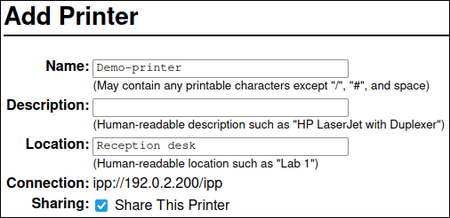 Enter printer details