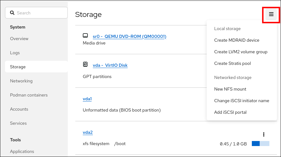 展開されたコンテキストメニューを持つ Storage タブのストレージテーブル