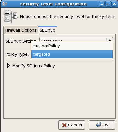 Using the Security Level Configuration dialog box to load a custom policy.