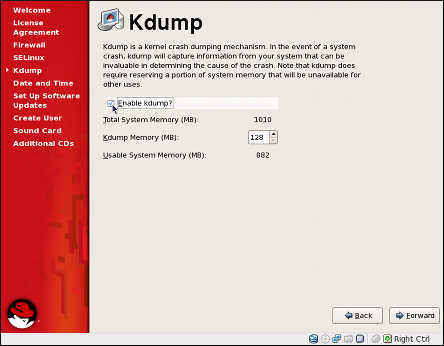 The kdump configuration screen