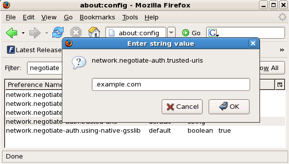 Kerberos での SSO 用の Firefox の設定