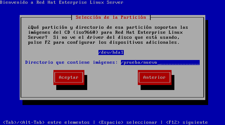 Selección del diálogo de particiones para la instalación desde el disco duro