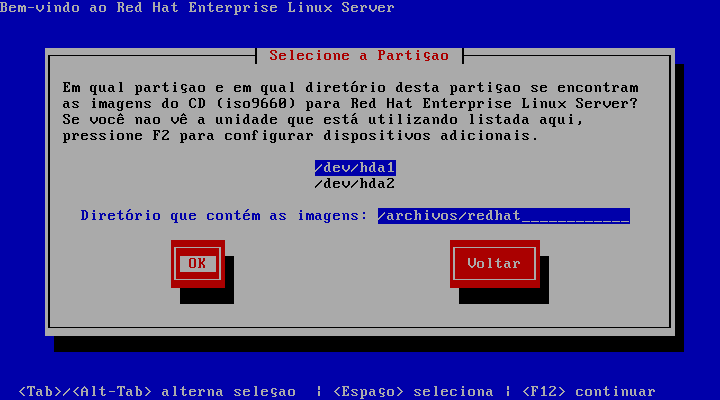 Selecionando Diálogo de Partição para Instalação pelo Disco Rígido