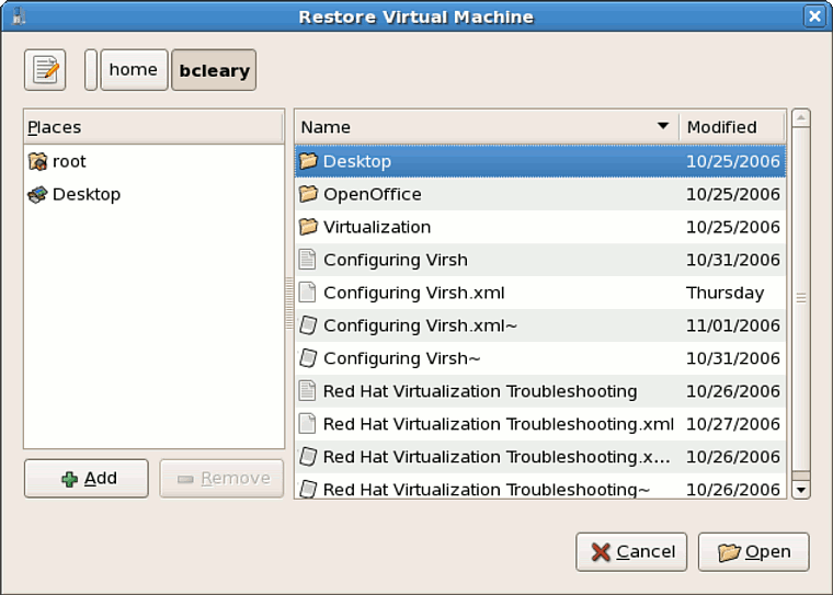 Auswahl von gespeicherten Sitzungen virtueller Maschinen
