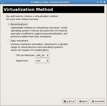 The third screen of the virtual machine creation wizard, prompting the user to select a virtualization method for the new virtual machine, with the options Para-virtualized or Fully virtualized.