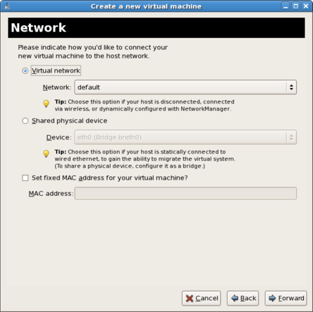 The seventh screen of the virtual machine creation wizard provides options for connecting the new virtual machine to the host network, with choices for Virtual network and Shared physical device.
