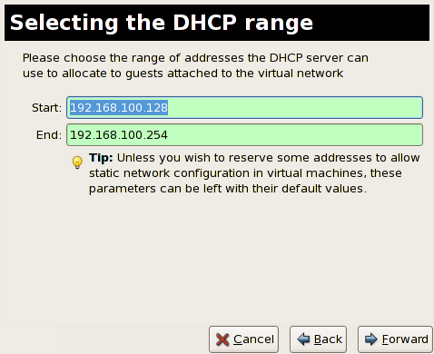 Selecting the DHCP range