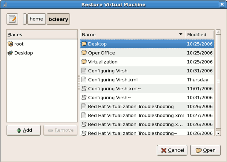 Selezione di una sessione virtual machine salvata