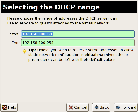 Selecting the DHCP range