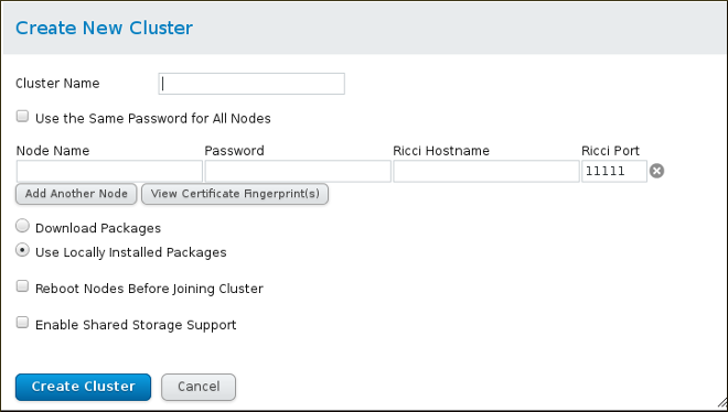 luci cluster creation dialog box