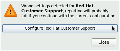 Warning - missing Red Hat Customer Support configuration