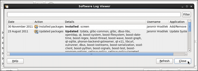 Viewing the log of package management transactions with the Software Log Viewer