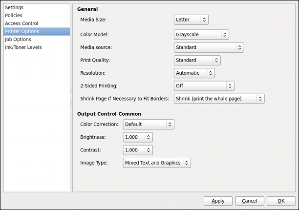 Printer Options page