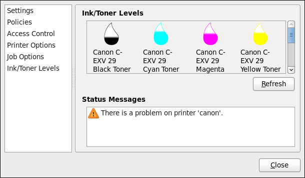 Ink/Toner Levels page