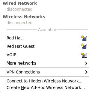 The NetworkManager applet's left-click menu, showing all available and connected-to networks