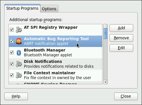 Setting ABRT notification applet to run automatically.