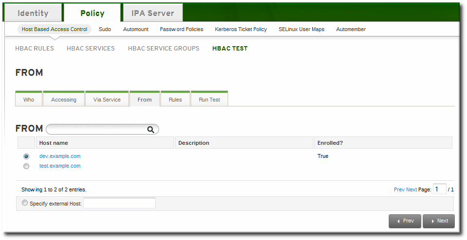 HBAC テストを設定する From タブ