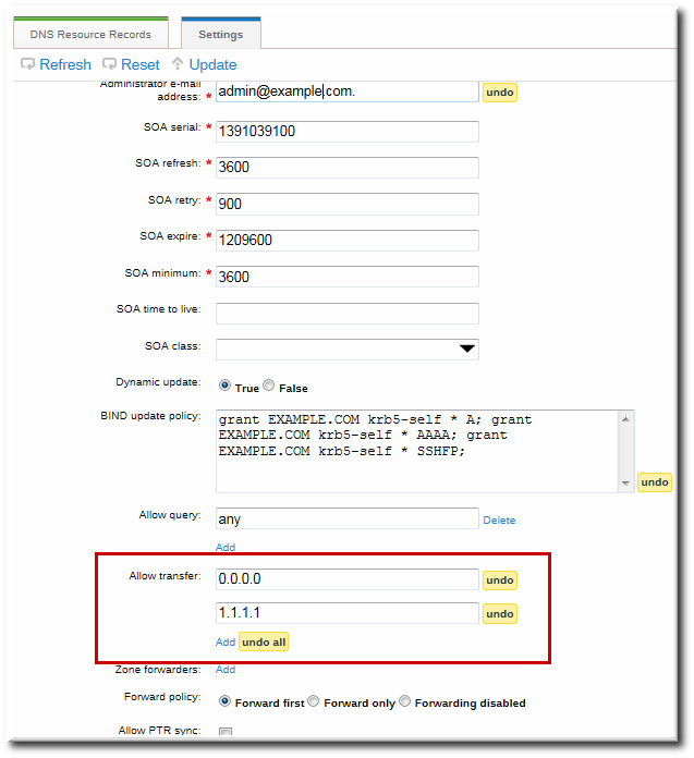 DNS ゾーンの転送設定