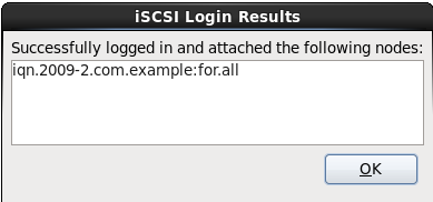 Dialógo de resultados de inicio de iSCSI