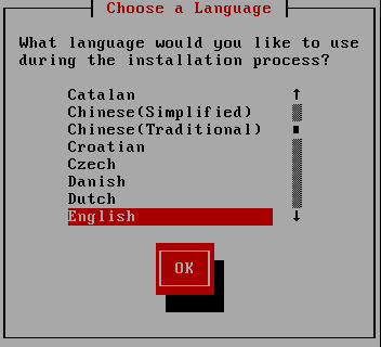 Widgets du programme d'installation apparaissant dans Choix de la langue