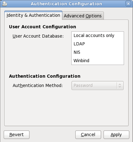 Écran Firstboot « Configuration de l'authentification »