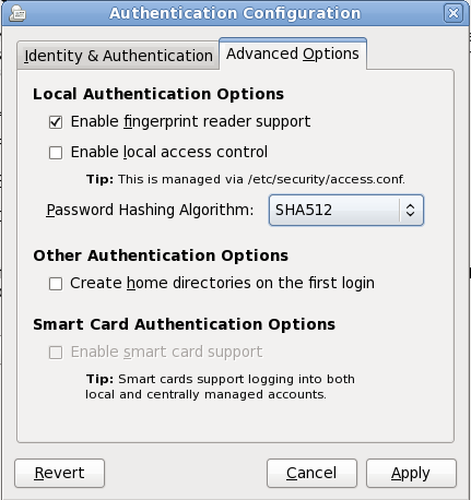 Schermata opzioni avanzate per l'autenticazione di Firstboot