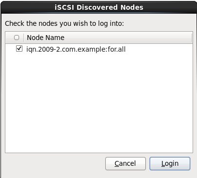 O diálogo de Login dos Nós iSCSI