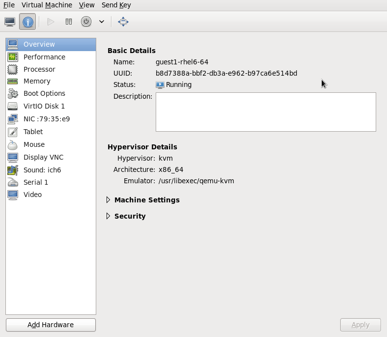 The virtual hardware details window