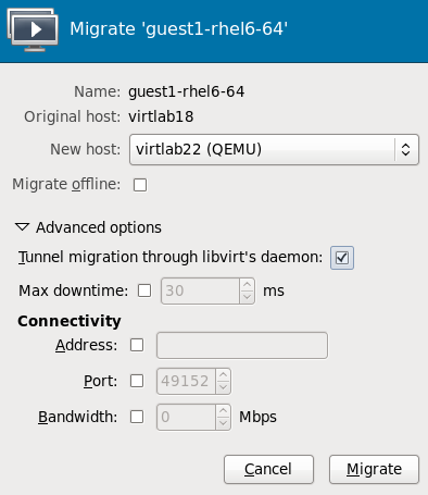 Choosing the destination host physical machine and starting the migration process