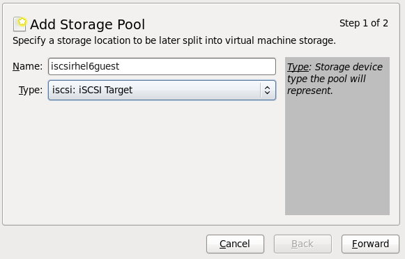 iscsi ストレージプールの名前とタイプを追加します