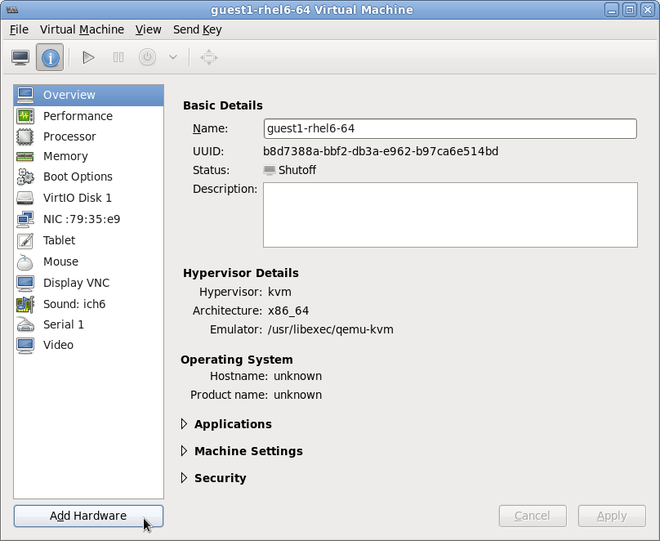 The virtual machine hardware window with the Information button selected on the top taskbar and Overview selected on the left menu pane.