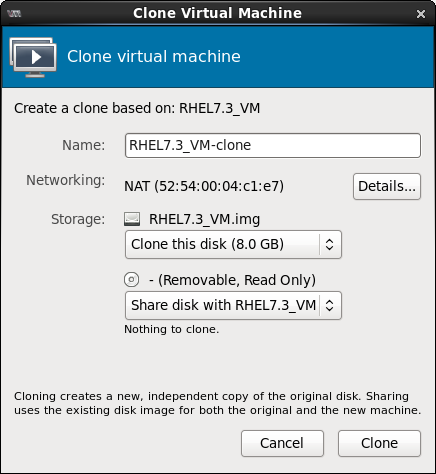 Clone Virtual Machine ウィンドウ